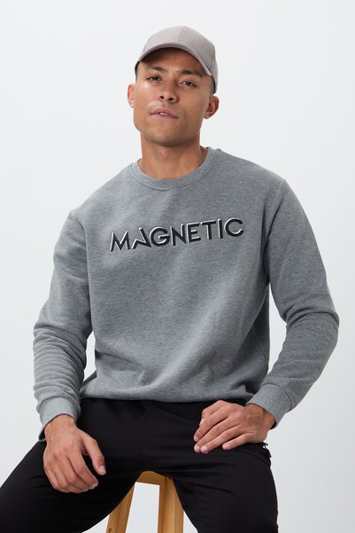 Gray Melange Text Embroidered O Neck Comfortable Form Men's Sweatshirt with Fleece Inside - 88020