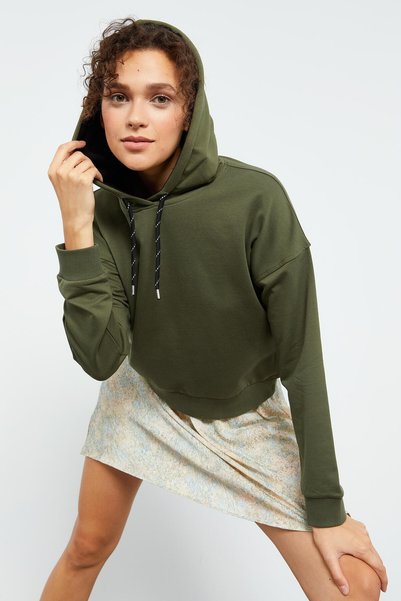 Khaki Long Sleeve Comfortable Form Hooded Women's Sweatshirt - 97115