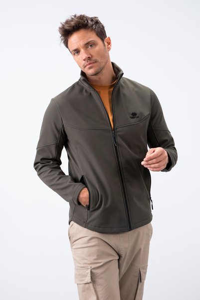 Khaki Zippered Stand Collar Water and Windproof Softshell Men's Coat - 88050