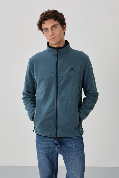 Petrol Text Embroidered Stand Collar Zippered Standard Size Men's Sweatshirt Fleece - 87992