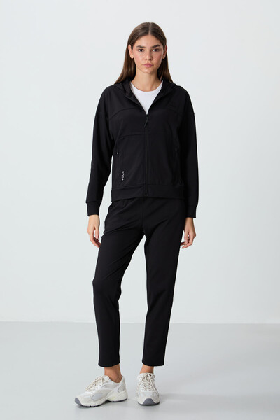 Black Hooded Hidden Pocket Detailed Standard Size Women's Tracksuit Set - 95306