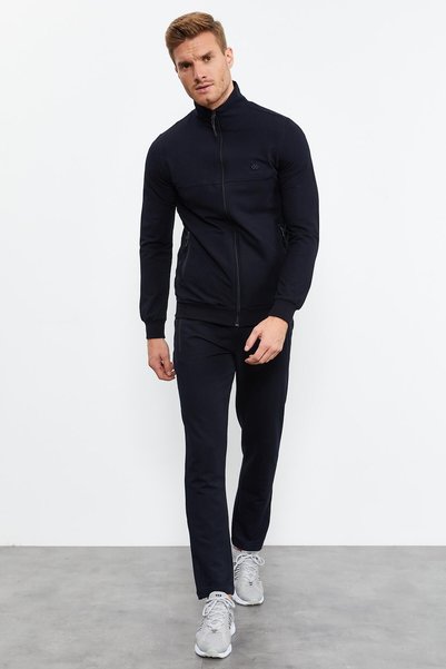 Navy Blue Stand Collar Zipper Standard Mold Classic Leg Men's Tracksuit Set - 85152