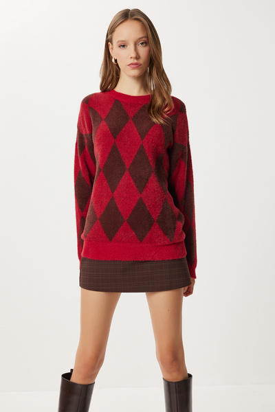 Baklava Patterned Fuzzy Effect Soft Sweater LFN0127 Burgundy Brown