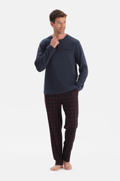 Navy Blue Long Sleeve T-Shirt and Trousers Set with Placket and Pocket Details