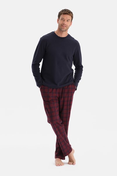 Navy Blue Stitching Detailed Waffle T-Shirt Pants Pajama Set