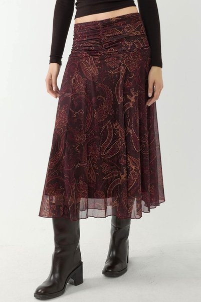 Gathered Detailed Patterned Midi Skirt