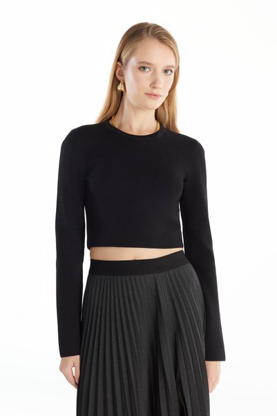 Crew Neck Standard Plain Black Sweater Women Tbwrkw1045