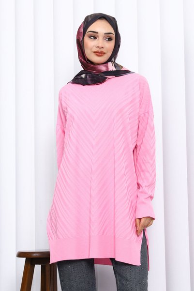 Pink Crew Neck Cold Thread Knitwear Tunic