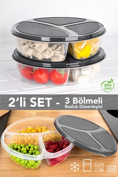 2 Pieces Round 3-Compartment Storage Container - Microwave and Freezer Safe Refrigerator Organizer Freezer Container