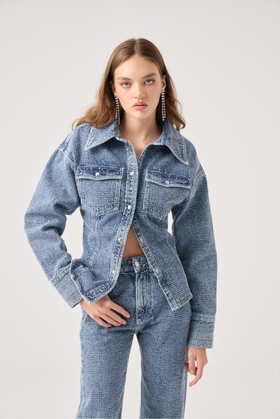 Special Fabric Effect Waist-Fitted Laura Jean Jacket Blue