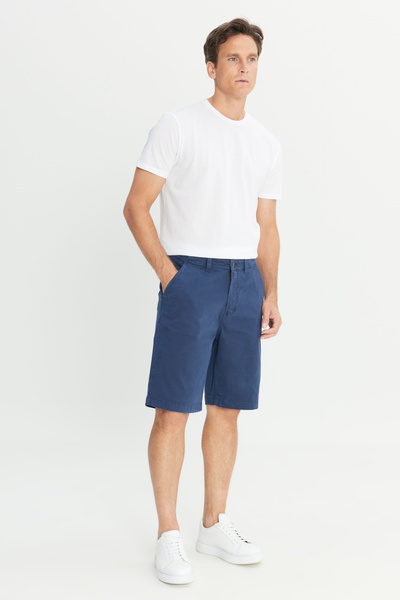 Regular Fit Normal Cut Elastic Waist Detailed Navy Blue Cotton Stretch Chino Shorts