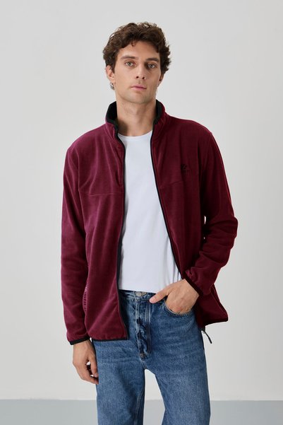 Erguvan Text Embroidered Stand Collar Zippered Standard Fit Men's Sweatshirt Fleece - 87992