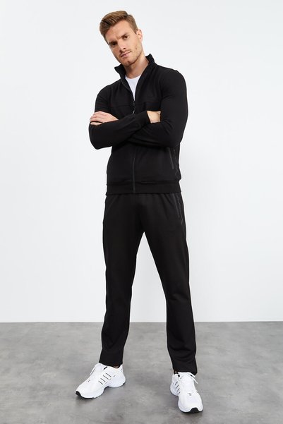 Black Stand Collar Zipper Standard Mold Classic Leg Men's Tracksuit Set - 85152