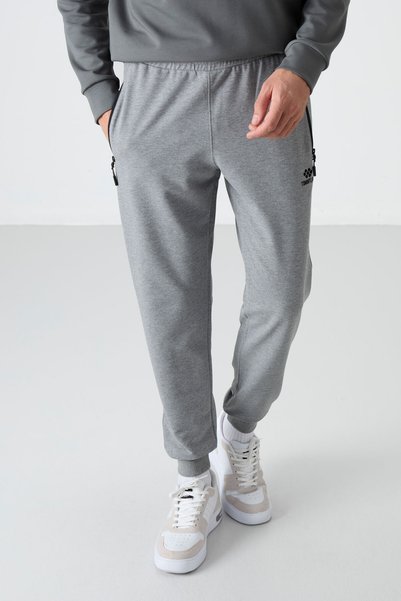 Gray Melange Zipper Pocket Standard Fit Jogger Men's Tracksuit Bottom - 84587