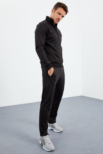 Black Stand Collar Zippered Standard Fit Classic Leg Men's Tracksuit Set - 85162