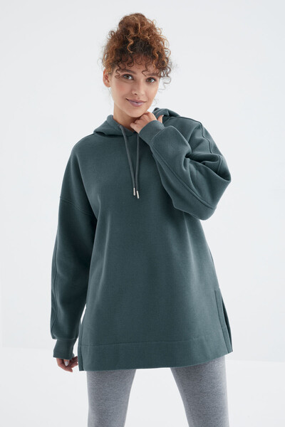Forest Green Raglan Sleeve Basic Hooded Comfortable Fit Sweatshirt Tunic - 97242