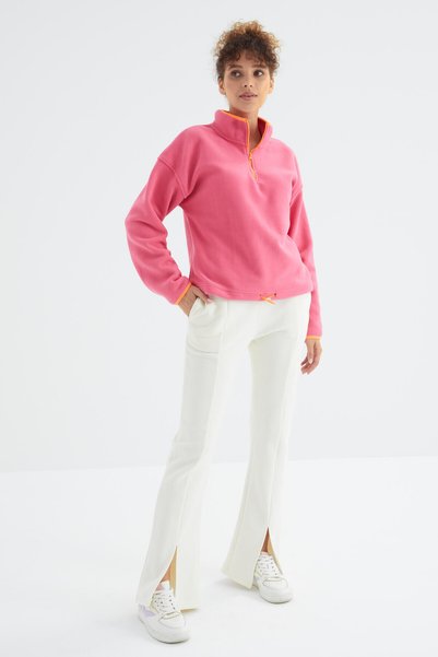 Ecru High Waist Front Slit Detailed Comfortable Form Women's Tracksuit Bottom with Side Pockets - 94625