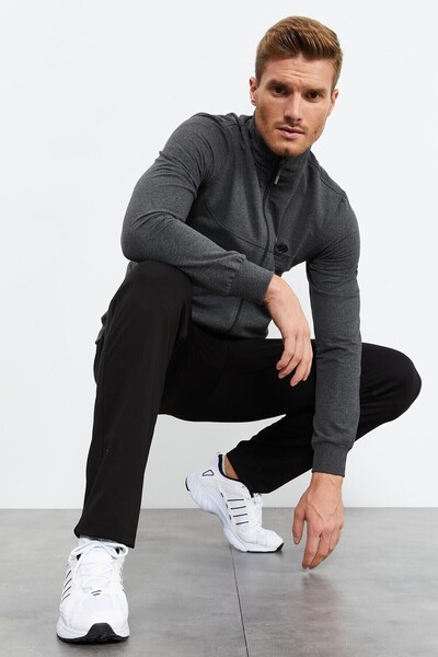 Anthracite Melange - Black Stand Collar Zippered Standard Fit Classic Leg Men's Tracksuit Set - 85152