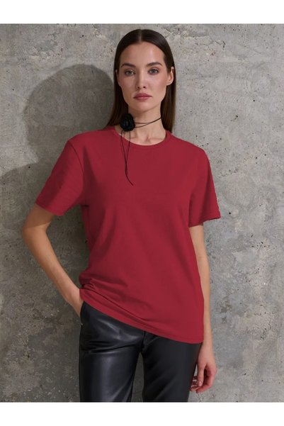 Women's Burgundy 100% Cotton Crew Neck Basic T-Shirt