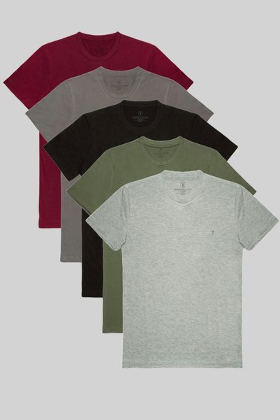 Men's 5-Li Relaxed Fit 100% Cotton Crew Neck T-Shirt Grimelange-Khaki-Black-Fume-Burgundy