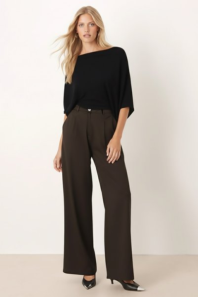 Women's Khaki High Waist Front Pleated Detail Wide Leg Trousers ARM-26K136041