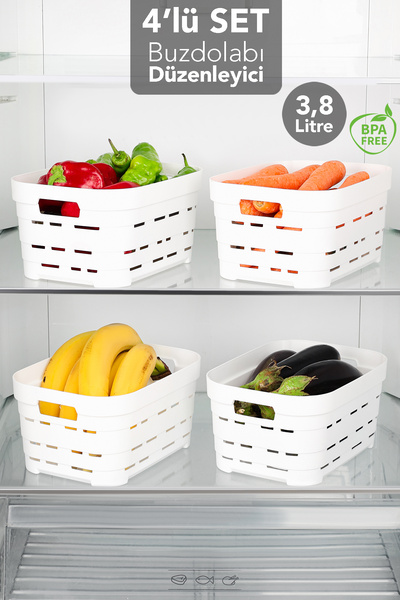 4 Pieces 3.8 Lt Perforated Refrigerator Organizer - Kitchen Bathroom Multi-Purpose Cabinet Organizer White