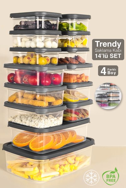 14-Piece Rectangular Food Storage Container - Microwave and Freezer Safe Organizer Gray