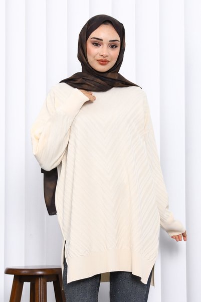 Cream Crew Neck Cold Thread Knitwear Tunic