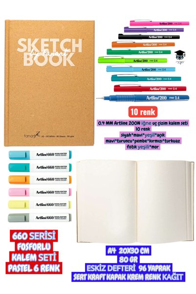A4 20X30 cm 80 Gr Sketchbook 96 Leaves Hard Kraft Cover Cream Color Paper and Pen Set