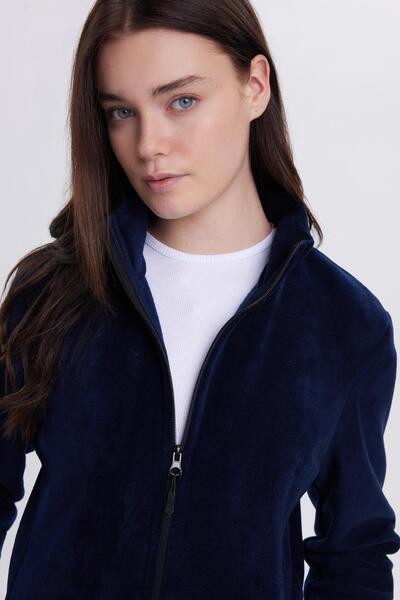 Women's Navy Blue Anti-Pilling Non-Pilling Standard Fit Full Zip Cold-Proof Fleece Cardigan