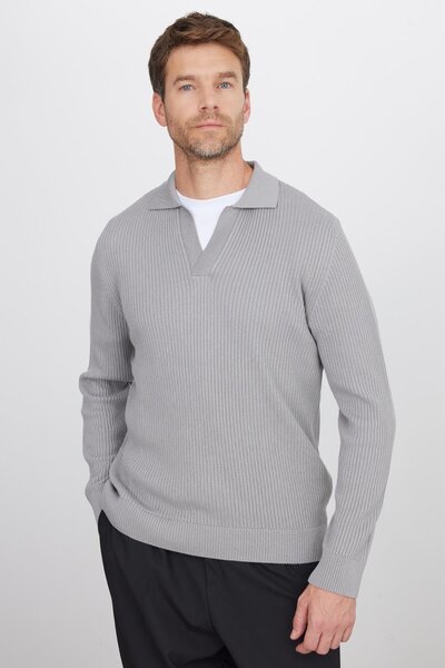Men's Standard Fit Regular Cut Cotton Polo V-Neck Gray Sweater