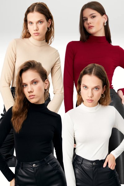 Women's Cream Burgundy Black White 4-Piece Half Turtleneck Basic Bodysuit
