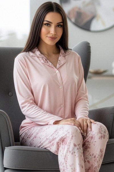 Mercan Florado Exclusive Button-Front Long-Sleeved Women's Pajama Set