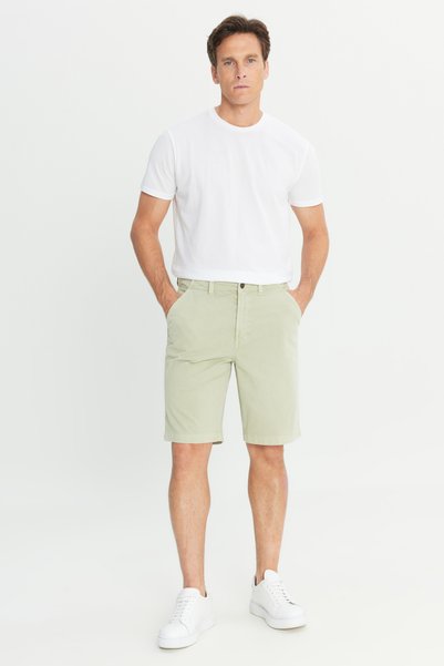 Regular Fit Normal Cut Elastic Waist Detailed Pale Green Cotton Stretch Chino Shorts