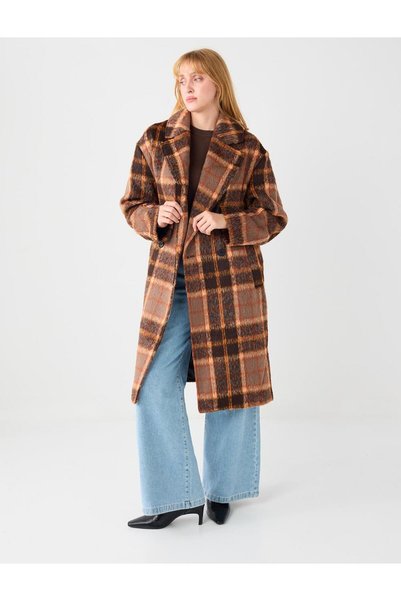 Orange Double-Breasted Collar Plaid Patterned Cashmere Coat