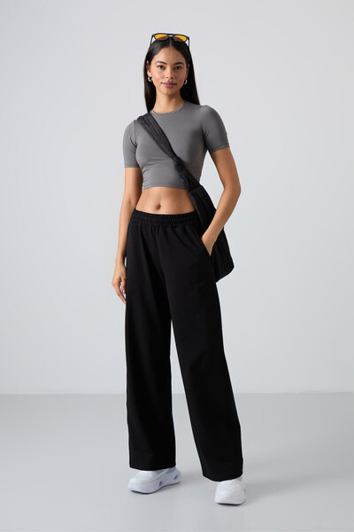 Black High Waisted Pocketed Comfortable Form Wide Leg Women's Tracksuit Bottom - 94567