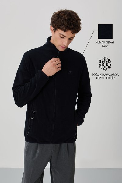 Navy Blue Text Embroidered Stand Collar Zippered Standard Fit Men's Sweatshirt Fleece - 87992