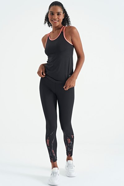 Black Double Strap Back Detailed Standard Mold Women's Sports Undershirt - 97258