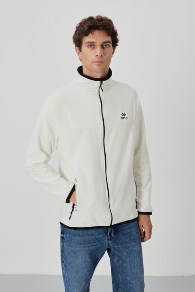 Ecru Text Embroidered Stand-Up Collar Zippered Standard Mold Men's Sweatshirt Fleece - 87992
