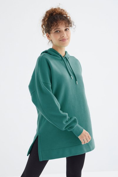 Sea Green Raglan Sleeve Basic Hooded Comfortable Fit Sweatshirt Tunic - 97242