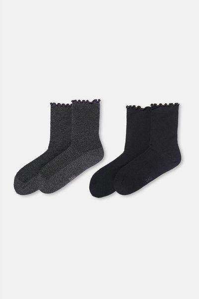 Black-Anthracite Melange Women's 2-Piece Cotton Ruffle Socks