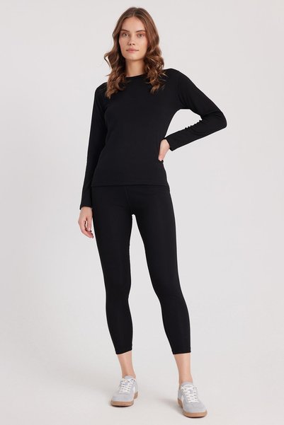 Women's Slim Fit Slim Fit Crew Neck Black Thermal Bottom Top Set