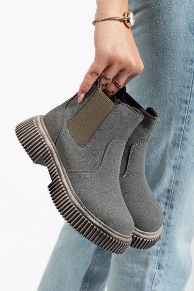 Children's Unisex Smoked Suede Thick Serrated Thermo Sole Zippered Elastic Chelsea Boots