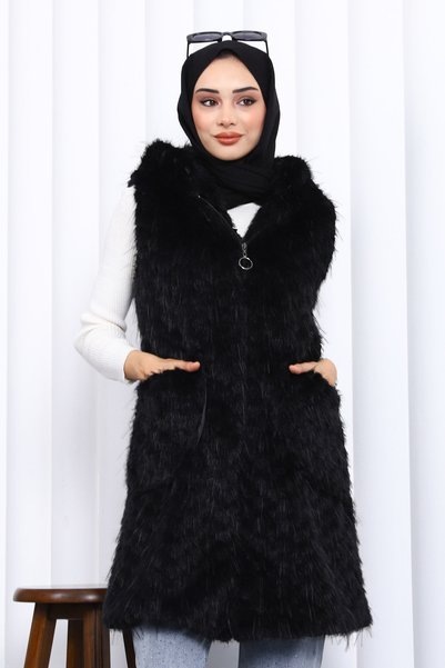 Black Hooded Astarki Fur Vest