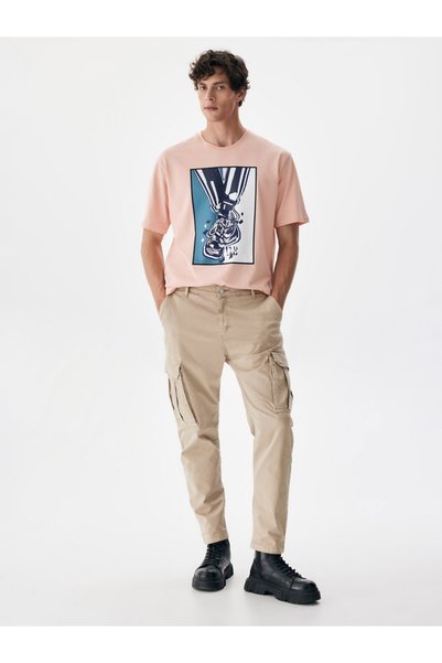 Straight Leg Gabardine Beige Trousers