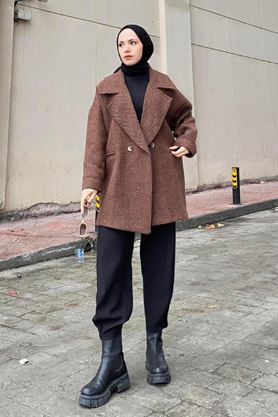 Zigzag Pattern Herringbone Coat Bitter Brown