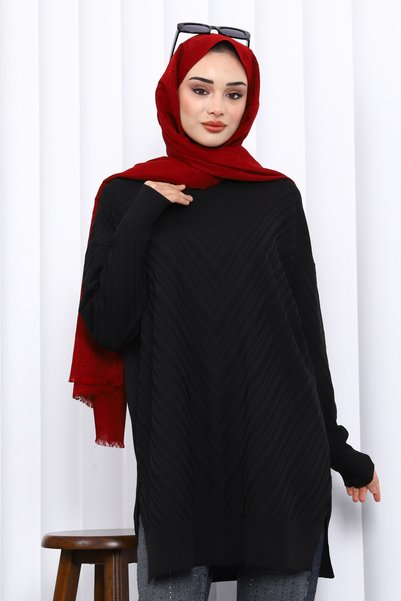 Black Crew Neck Cold Thread Knitwear Tunic