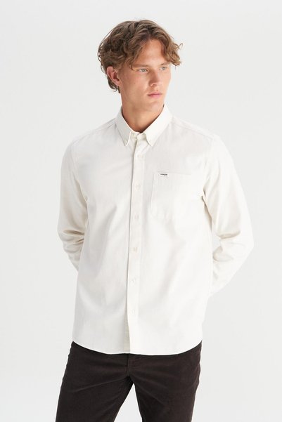 100% Cotton Regular Fit Normal Cut Pocket Detailed Beige Shirt