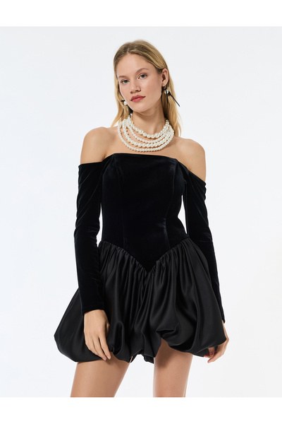 Off-The-Shoulder Long Sleeve Velvet Mini Balloon Dress