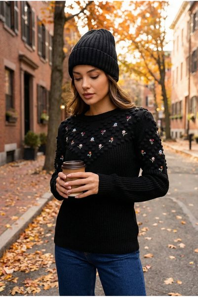 Women's Black Floral Embroidered Cotton Knit Sweater Standard Size (Fits Sizes S and m)
